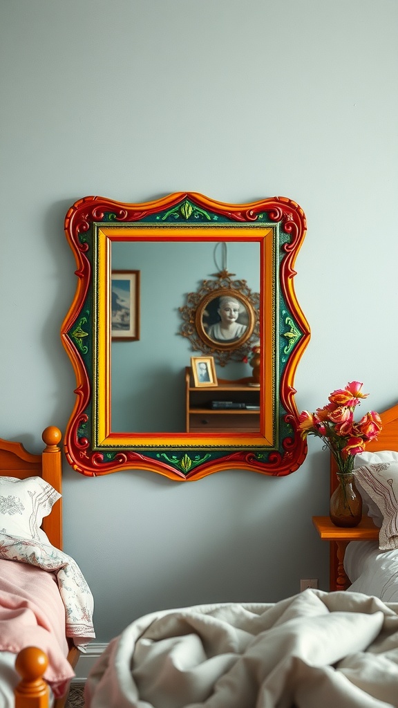 A colorful framed mirror in a cozy bedroom setting
