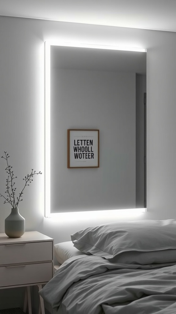 A modern bedroom featuring a large LED-lit mirror above a bedside table with a vase and framed art.
