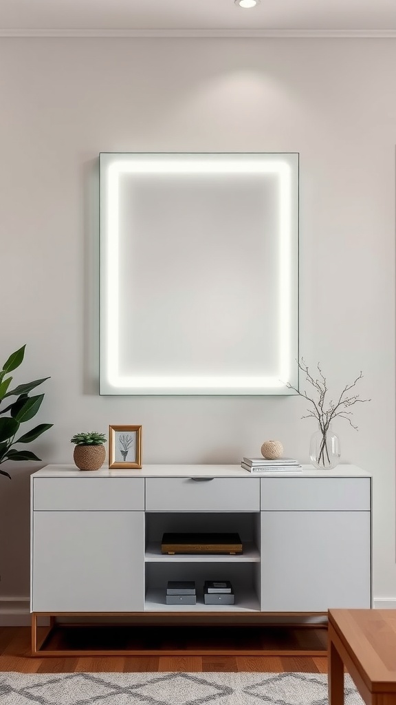 A modern wall mirror with LED lighting above a minimalist console, surrounded by decorative items and plants.