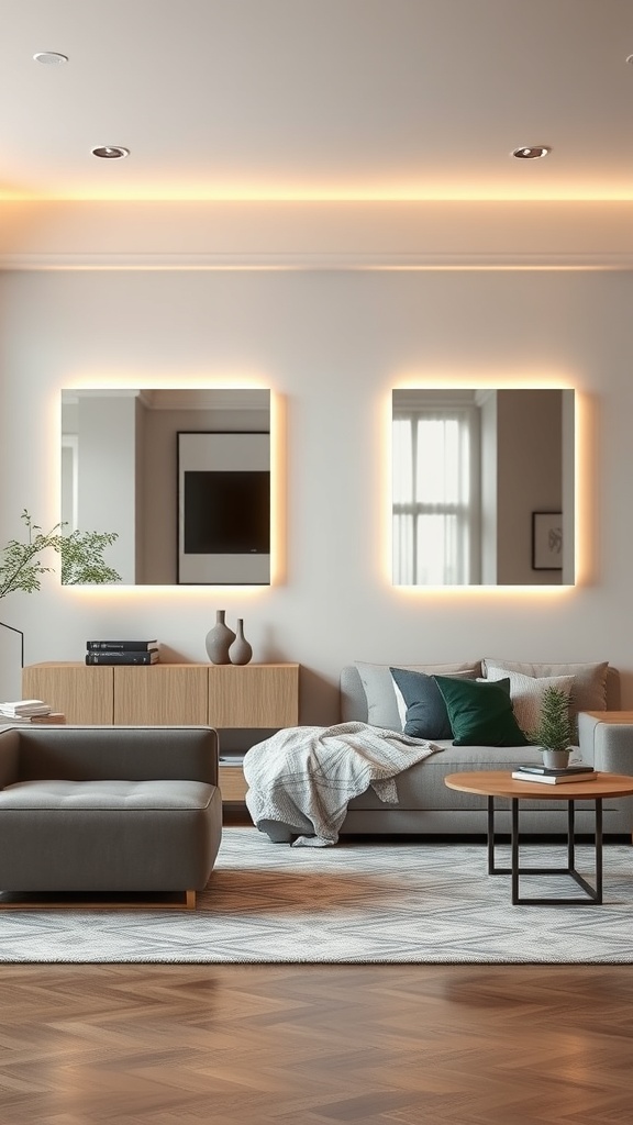 Living room featuring two LED-lit mirrors above a modern sofa and coffee table