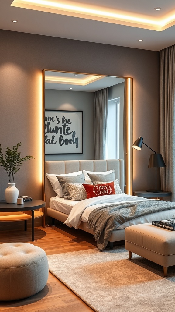 A modern living room featuring a large LED-lit mirror above a bed, with soft lighting and stylish decor.