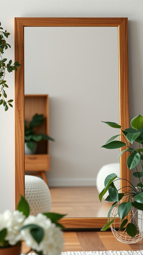 A wooden-framed mirror surrounded by plants in a cozy living room setting.