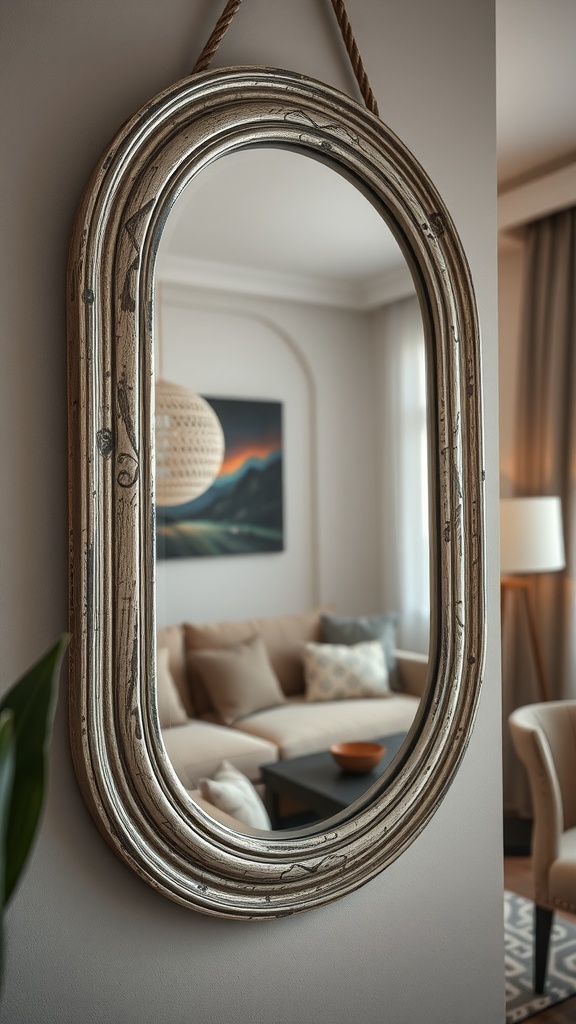 A textured framed mirror hanging on a wall, reflecting a cozy living room.
