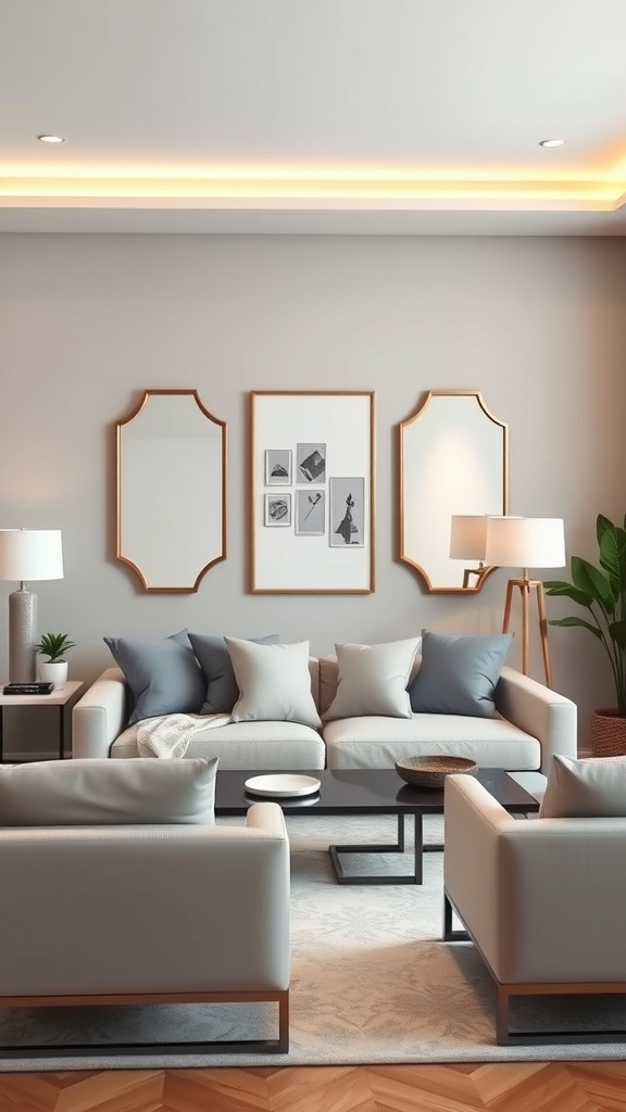A stylish living room with unique shaped mirrors above a sofa.