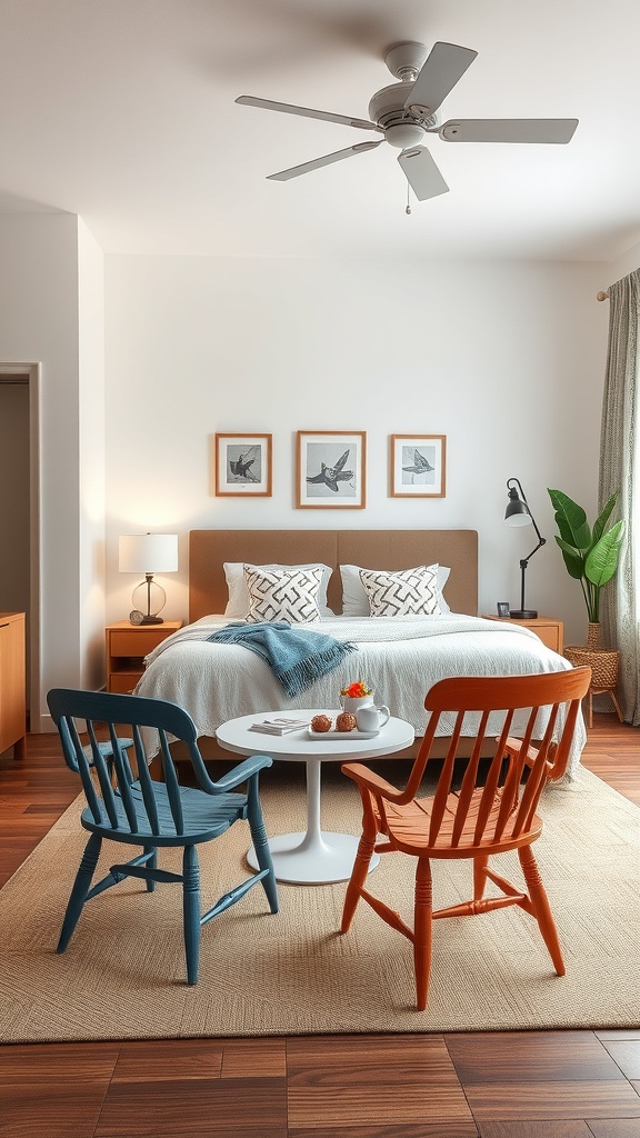 A cozy bedroom featuring mismatched blue and orange chairs around a white table, creating a playful seating area.
