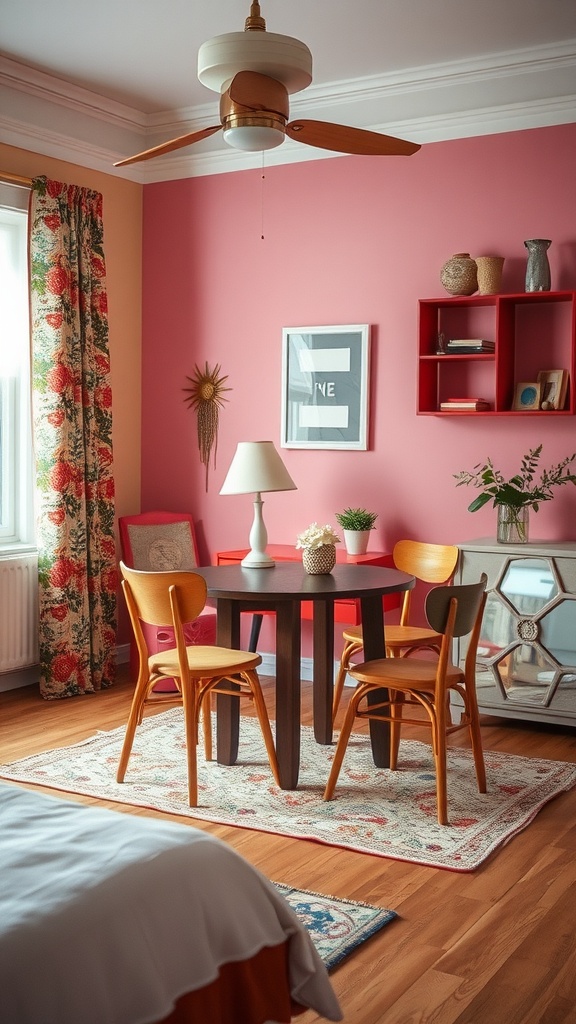Cozy bedroom with mismatched dining chairs around a round table, featuring warm wood tones and vibrant decor.