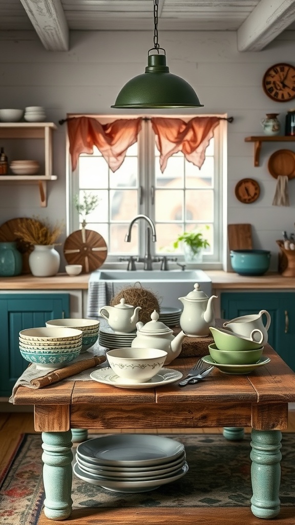 A rustic kitchen with mismatched dishware on a wooden table, showcasing various colors and patterns.