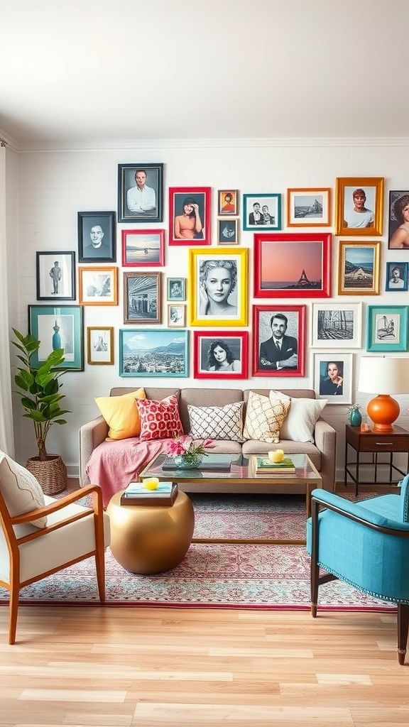 A colorful picture wall in a living room featuring a variety of frames and photographs.