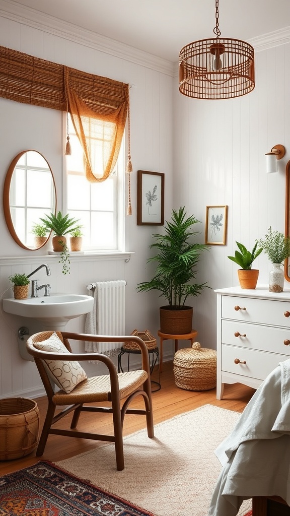 A bohemian bathroom featuring a mix of furniture styles, plants, and warm colors.