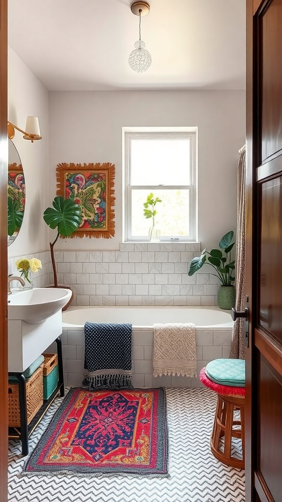 A stylish bathroom featuring a mix of patterns, including a colorful rug, zigzag tiles, and vibrant artwork.