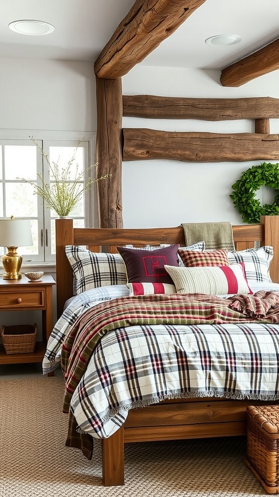 A rustic bedroom featuring a plaid duvet and throw blankets, with wooden beams and natural decor.