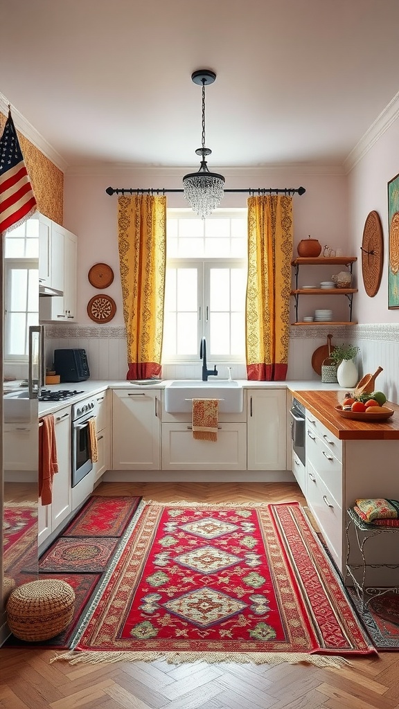 A bohemian style kitchen featuring colorful rugs, bright curtains, and wooden accents.