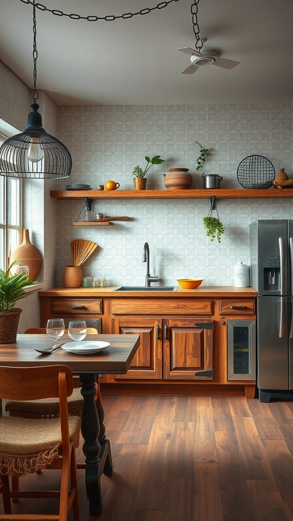 A cozy farmhouse kitchen featuring wooden cabinetry, open shelving with plants and pottery, and a dining table with glassware.