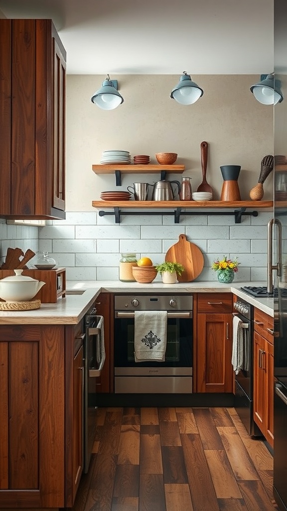 A cozy kitchen featuring wooden cabinets, a sleek countertop, open shelving with ceramic dishes, and warm lighting.