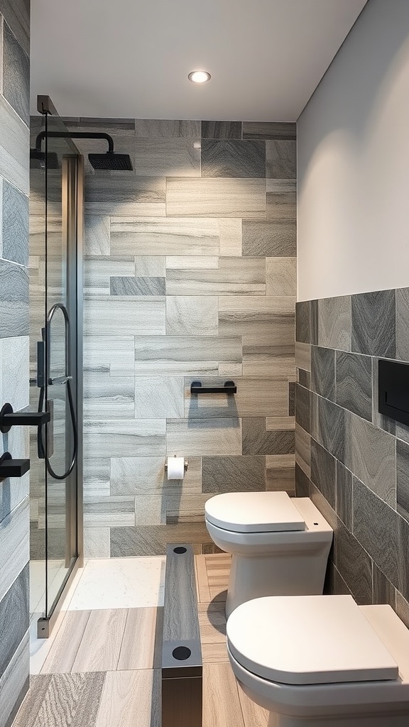 Small bathroom with a combination of gray tiles, featuring a glass shower and modern fixtures.