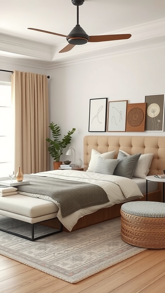 A cozy bedroom featuring a beige tufted headboard, a soft throw blanket, a wooden bench with metal legs, and a woven ottoman.