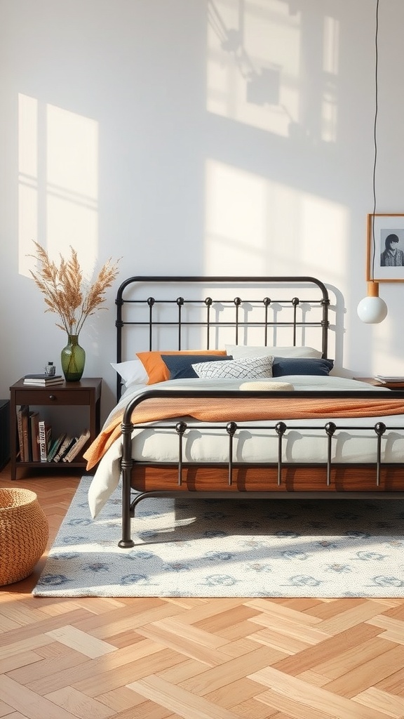 A cozy bedroom featuring a metal bed frame, wooden bedside table, and warm textiles, illuminated by natural light.