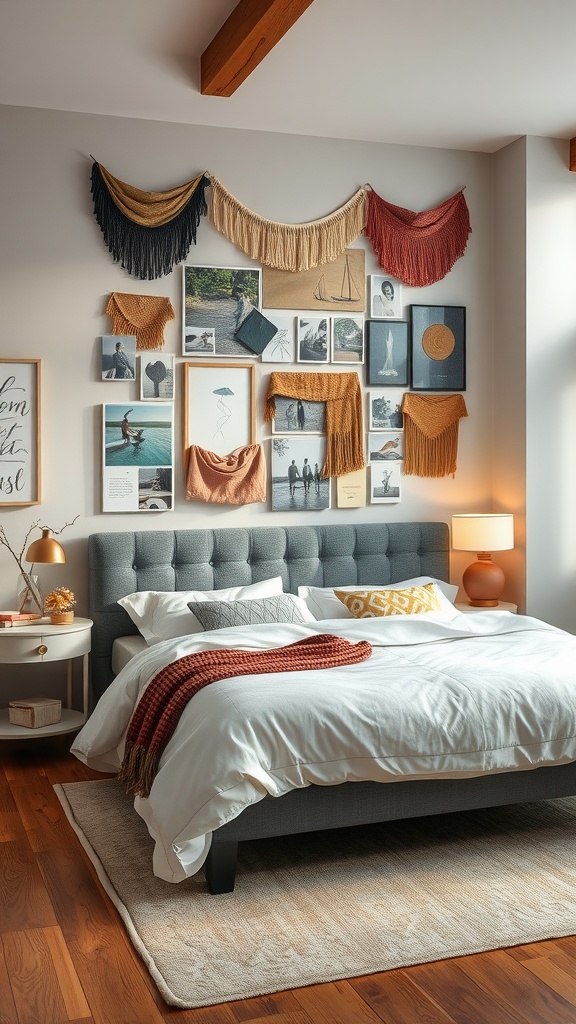 A cozy bedroom featuring a mixed media art display on the wall, combining framed photos and colorful fabric.