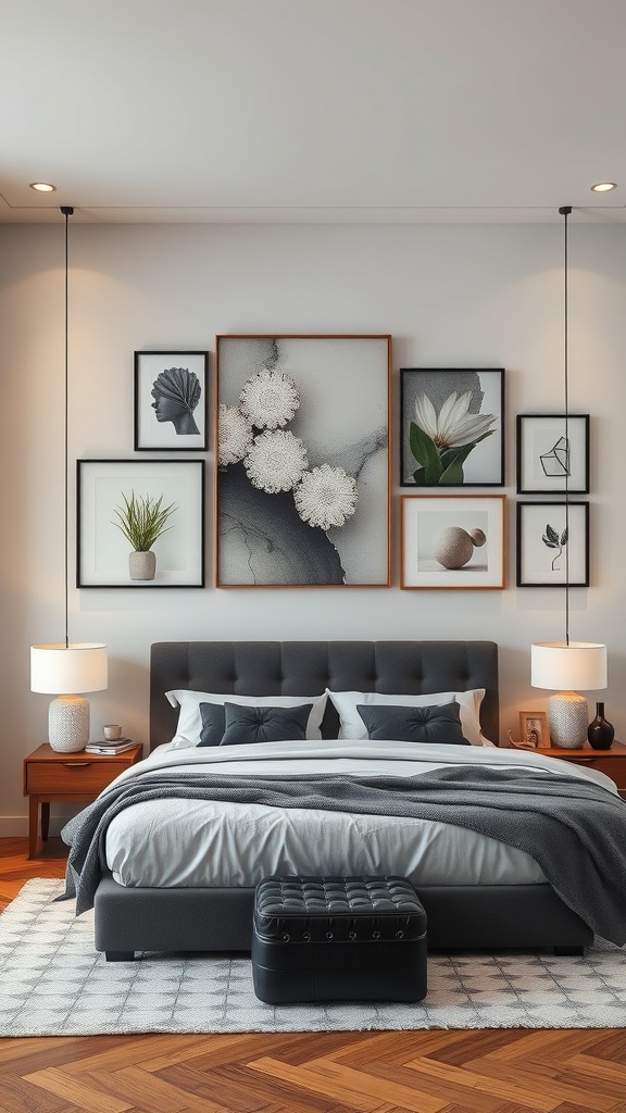 A stylish mixed media art display above a bed, featuring various framed artworks in a modern bedroom.