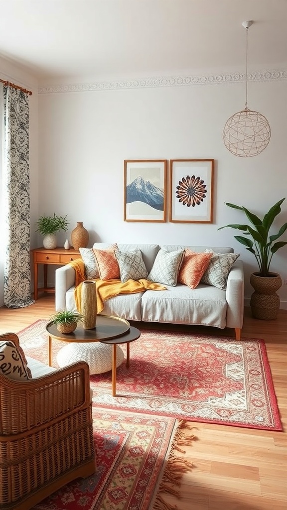 A cozy bohemian living room with mixed patterns, featuring a gray sofa with colorful pillows, a patterned rug, and plants.