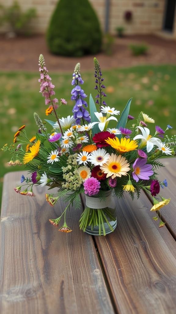 A vibrant floral arrangement featuring mixed spring wildflowers.
