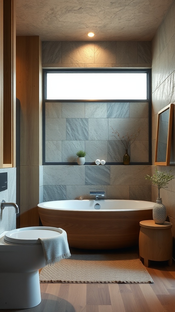 Rustic bathroom featuring a wooden bathtub, stone wall tiles, and a cozy rug.
