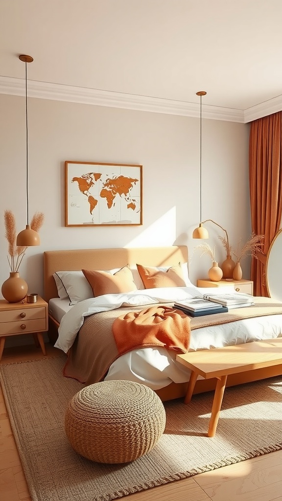 A cozy beige bedroom featuring earthy tones with orange accents, wooden furniture, and natural textures.