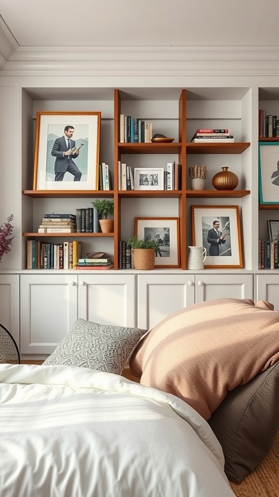 A stylish bookshelf featuring a mix of books and framed art, with decorative items and plants.