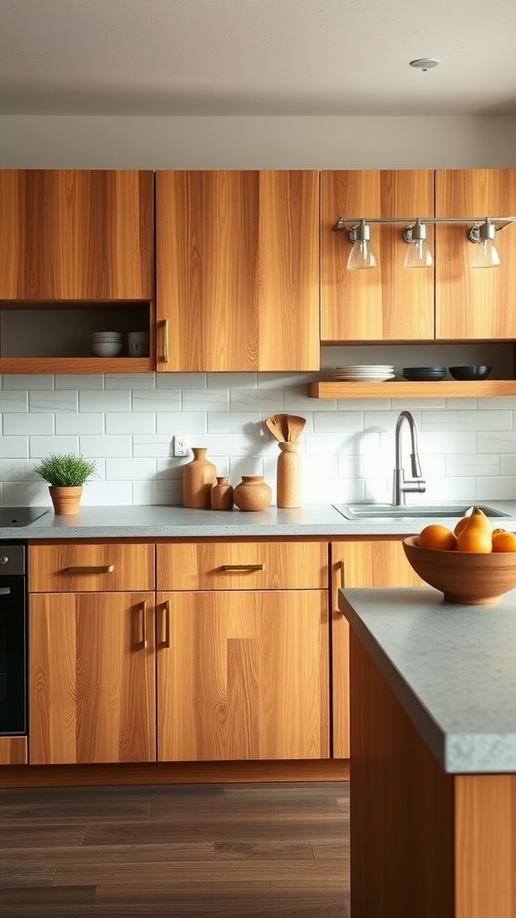 A modern kitchen featuring wood cabinets and a concrete countertop, with decorative elements and fresh fruit.