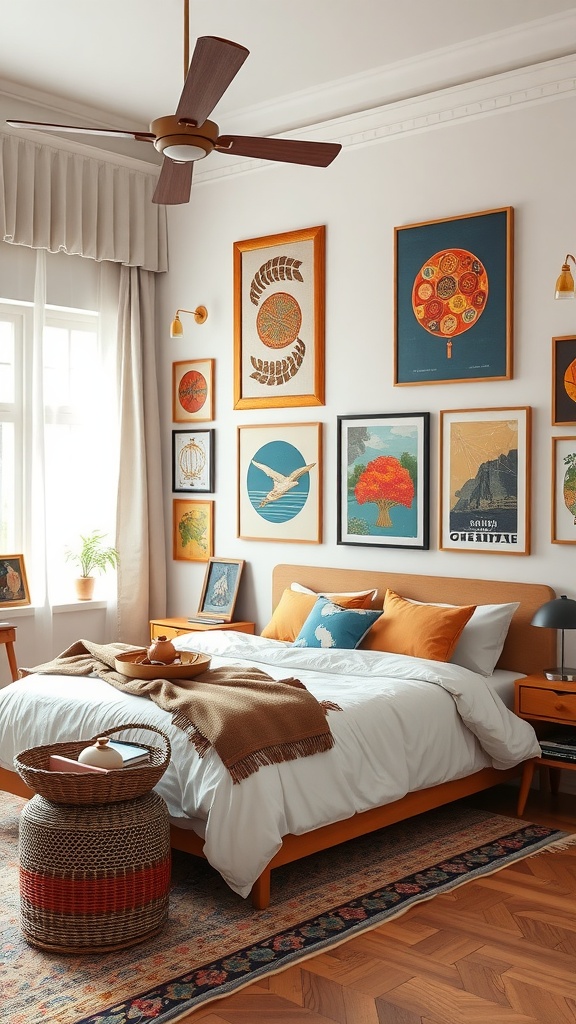 A cozy bedroom featuring mixed cultural art on the wall, warm color palette, and inviting decor.