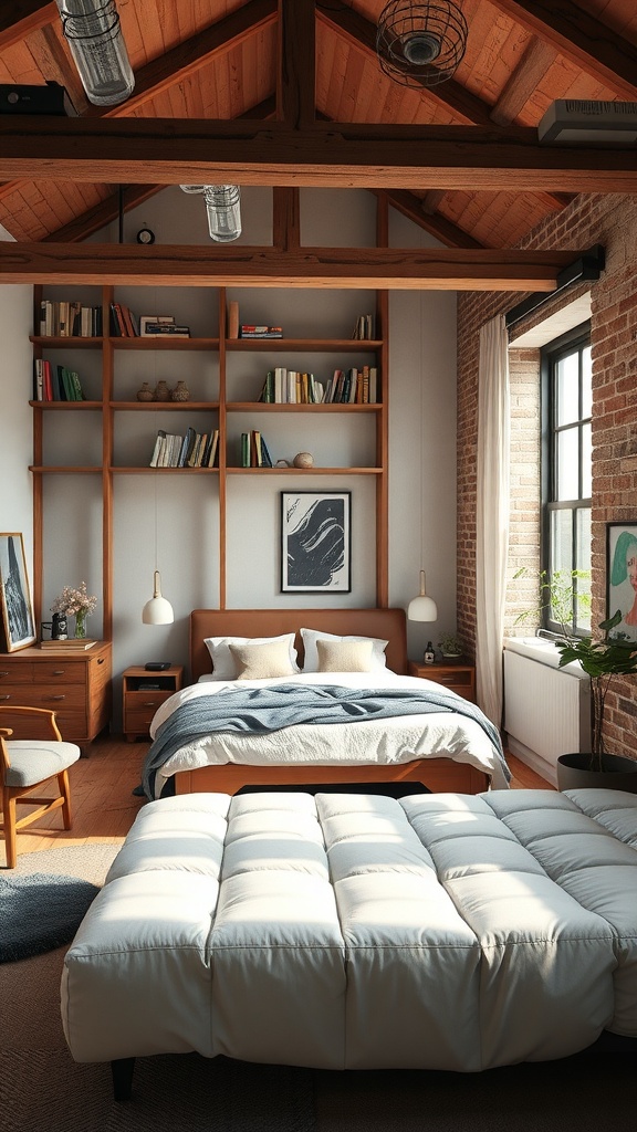 A loft-style bedroom featuring a mix of modern and vintage furniture, with wooden beams and exposed brick walls.