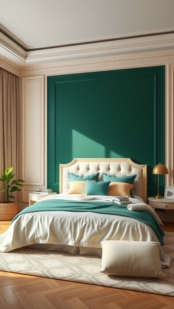 A cozy bedroom featuring an emerald green wall, soft neutral bedding, and warm wooden accents.
