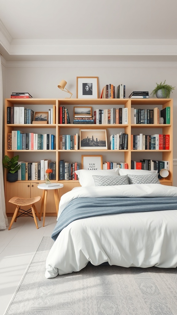 A well-organized bookshelf displaying a mix of genres, including fiction and non-fiction, with decorative elements.