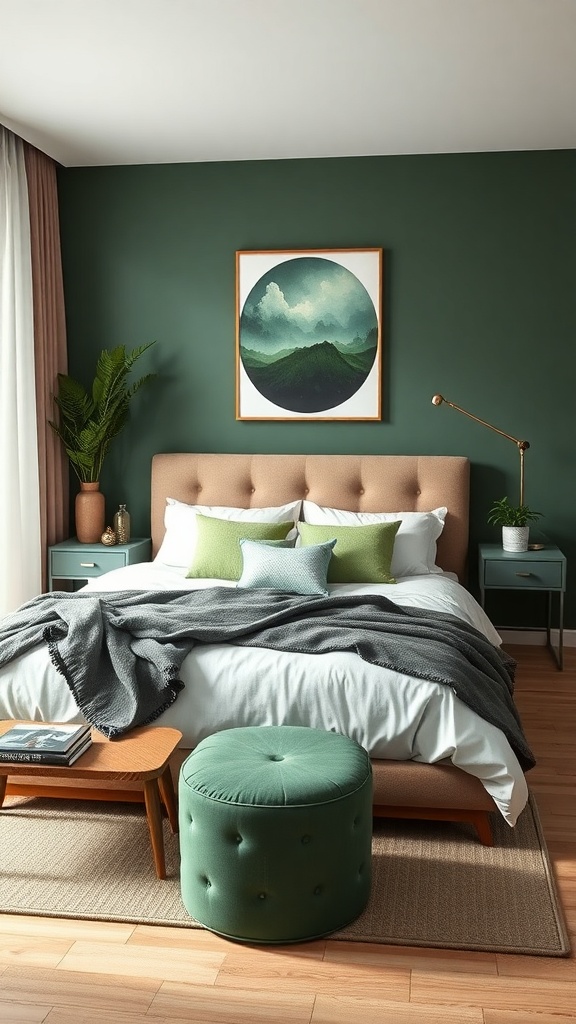 A cozy bedroom featuring a mix of green shades, with dark green walls, light green accents, and natural elements.