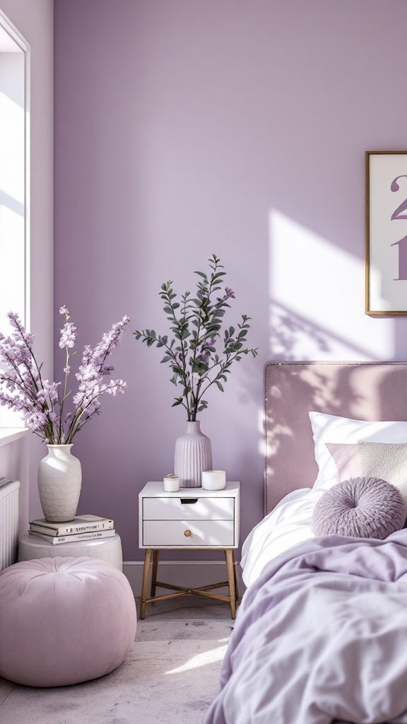 Cozy lavender bedroom with neutral accents, featuring a plush bed, decorative flowers, and soft lighting.