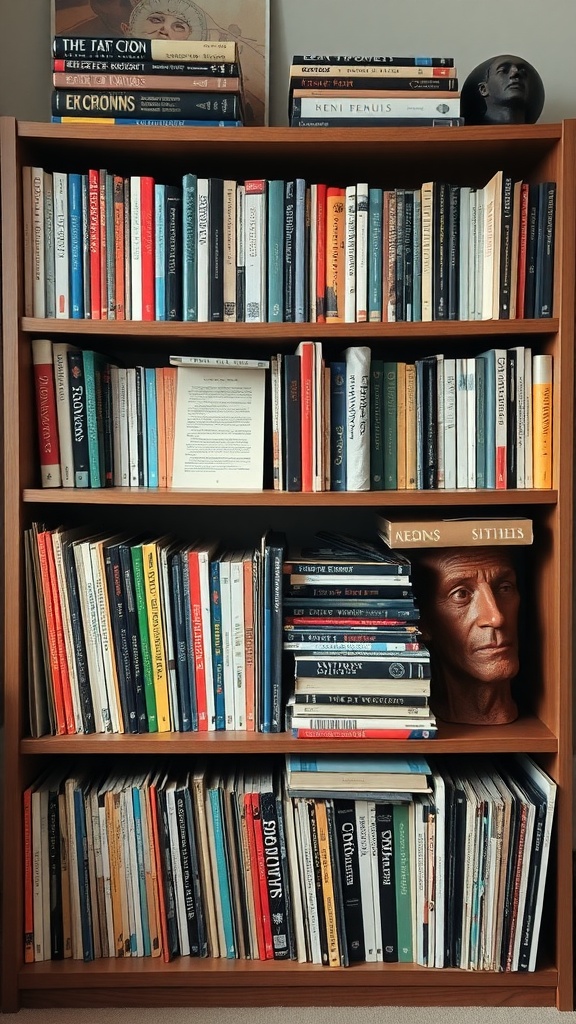A bookshelf filled with books and vinyl records, featuring a decorative statue of a head.