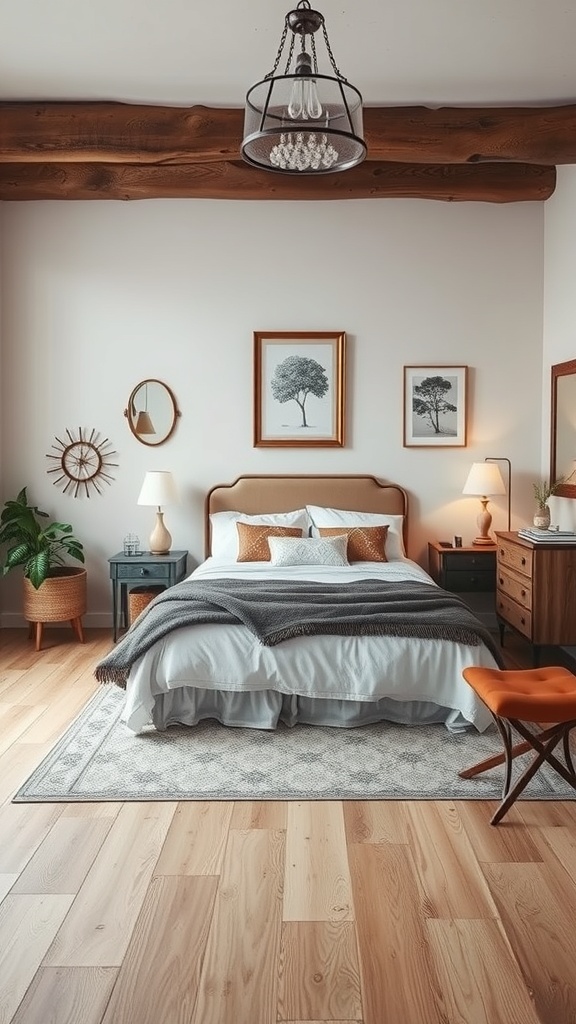 Cozy maximalist bedroom with modern and antique elements, featuring wooden beams, stylish furniture, and decorative artwork.