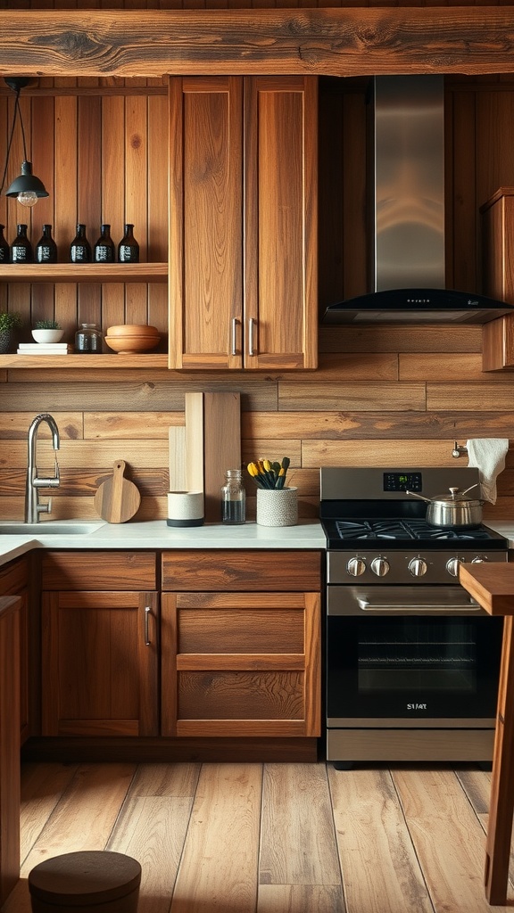 A cozy Japandi kitchen featuring warm wooden cabinetry, modern appliances, and open shelving.