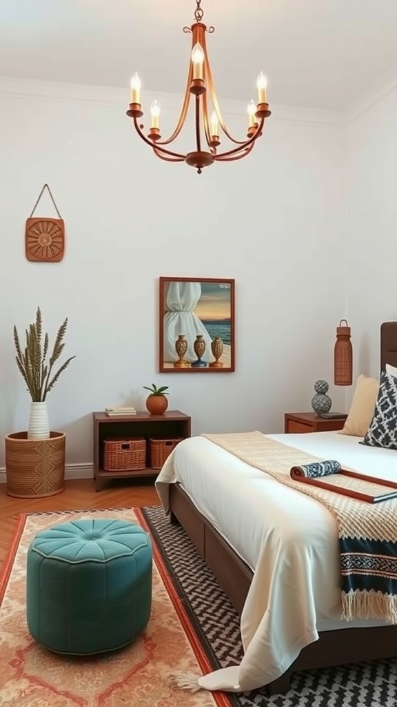 A Moroccan-inspired bedroom featuring modern and traditional design elements, including a chandelier, patterned rug, and decorative accents.