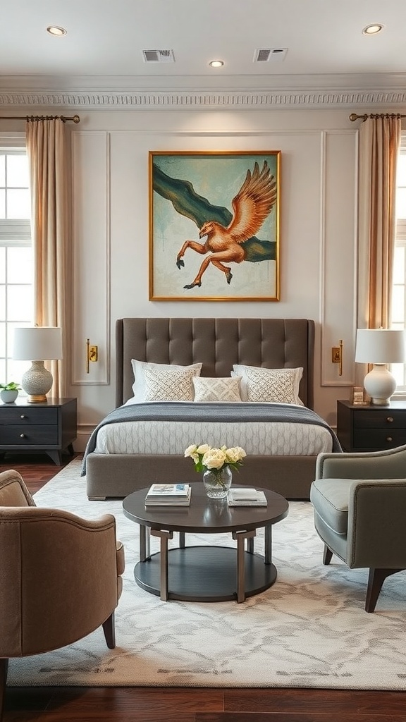 A formal living room featuring a mix of modern and traditional styles, with a tufted bed, sleek side tables, and vibrant artwork.