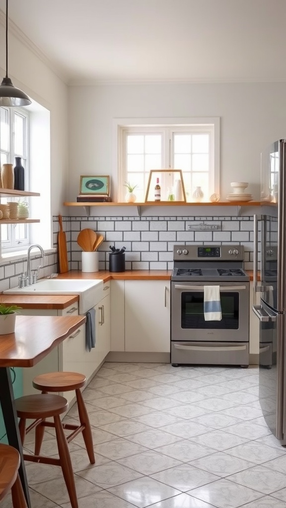 A modern kitchen with vintage elements, featuring sleek appliances and warm wood accents.