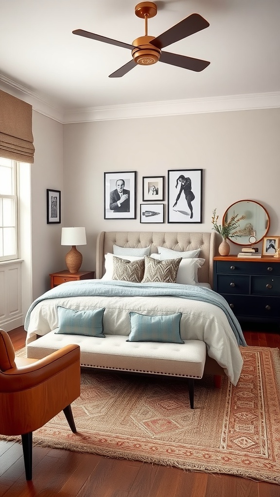 A chic bedroom featuring a tufted headboard, soft neutral bedding, vintage-inspired decor, and modern furniture.