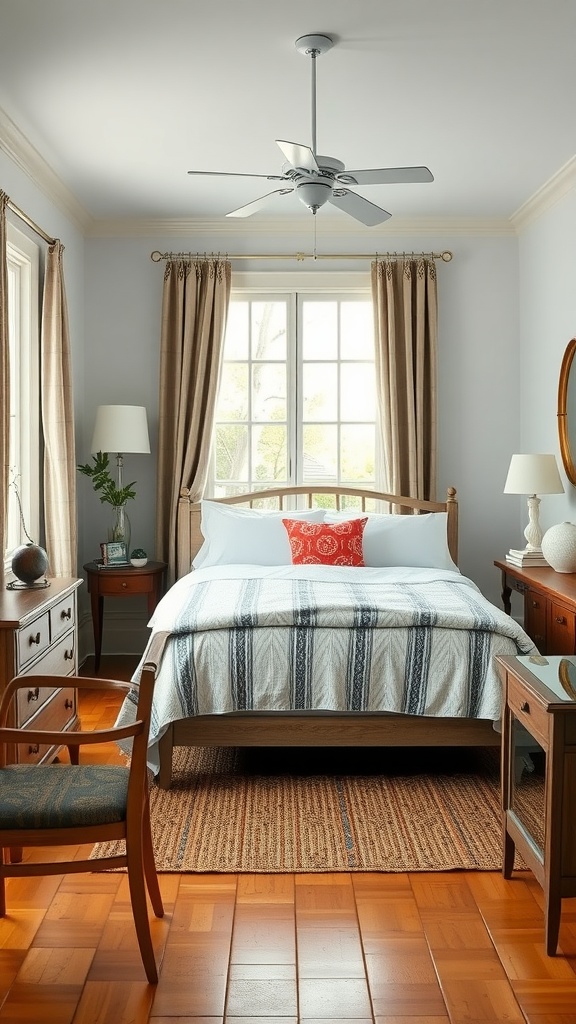 Cottage bedroom featuring a mix of modern and antique furniture with a cozy atmosphere