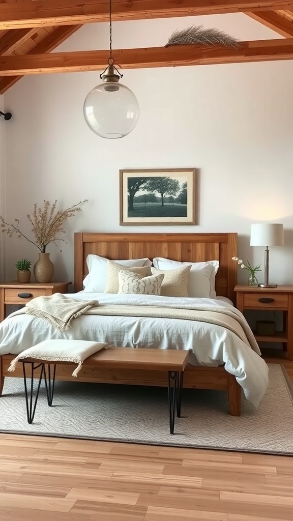 Cozy farmhouse bedroom with wooden beams, modern lighting, and soft linens