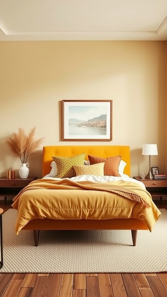 A cozy bedroom featuring a mustard yellow bed frame, beige walls, and earthy decor elements.