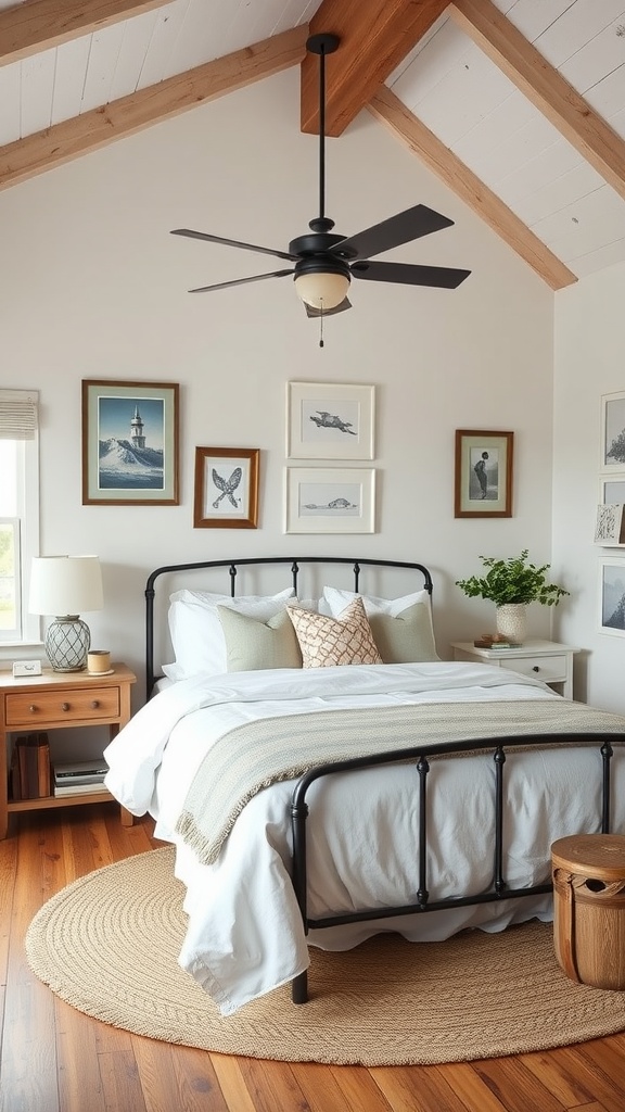 A farmhouse bedroom featuring a vintage bed, modern decor, and warm wooden accents.