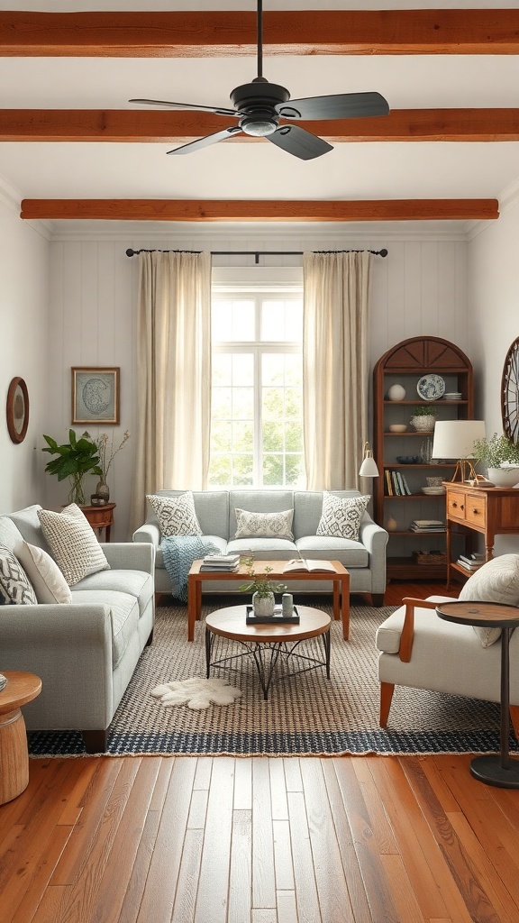 A cozy farmhouse living room featuring wooden beams, modern furniture, and a warm atmosphere.