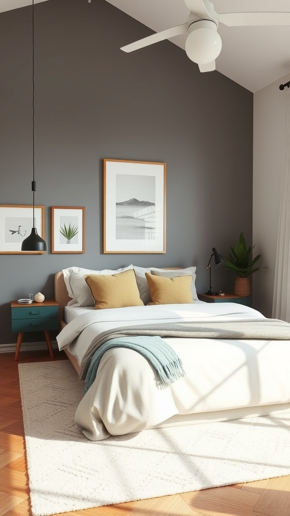 A mid-century modern bedroom featuring a cozy bed, green nightstand, and stylish lighting.