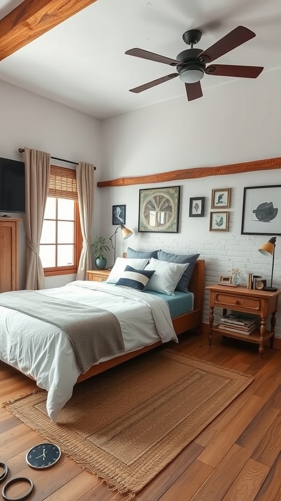 A rustic bedroom featuring a blend of old wooden elements and modern furnishings.