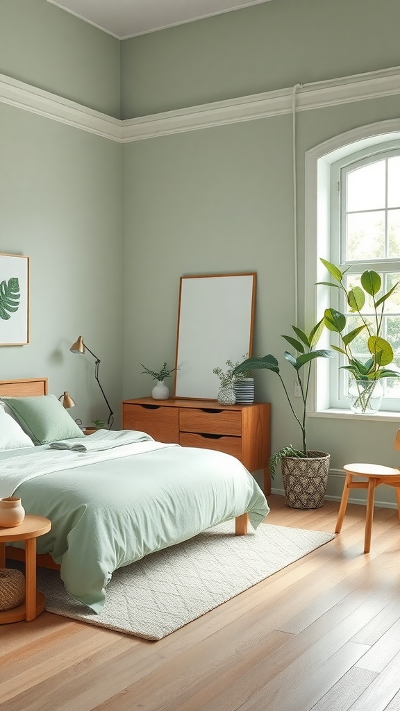 A pastel green bedroom featuring wooden furniture and plants, creating a serene atmosphere.